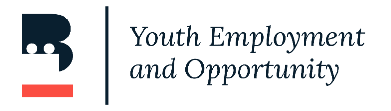 The image displays a logo for "Youth Employment and Opportunity." The logo features a stylized letter "B" in dark blue, with a red rectangle below it. To the right of the "B" is the text "Youth Employment and Opportunity" in a dark blue color. The background is black.