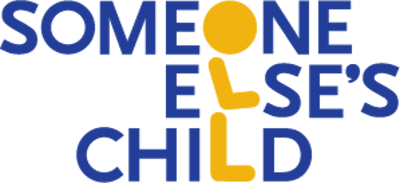 The image displays the text "SOMEONE ELSE'S CHILD" in blue, with the word "ONE" replaced by a yellow stick figure. The background is black. The text is likely part of a campaign or initiative related to child welfare or safety.