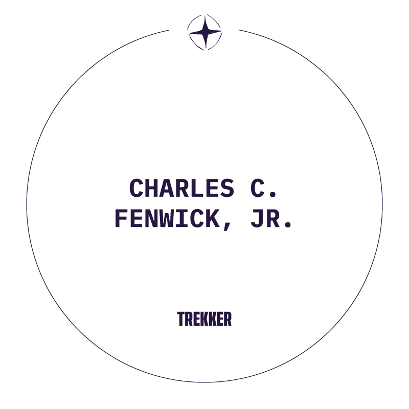 This image features the name "CHARLES C. FENWICK, JR." prominently displayed in bold, sans-serif capital letters within a circular design. Below the name, the word "TREKKER" is also shown in capital letters. The overall aesthetic is minimalist, with a compass rose symbol at the top center of the circle.