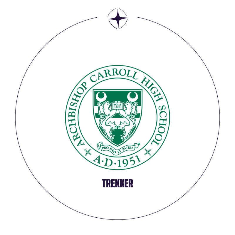This is the crest of Archbishop Carroll High School, established in 1951. The crest features a shield with a lion and the motto "Pro Deo Et Patria," meaning "For God and Country." Below the crest, the word "TREKKER" is displayed, likely representing the school's mascot or a team name. The crest is enclosed within a circular border.