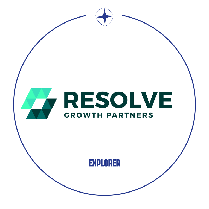 This is a logo for "Resolve Growth Partners," a company that appears to be focused on growth and strategy, as suggested by the compass-like graphic and the word "Explorer." The design is modern and professional, using a clean font and a geometric icon. The color palette includes shades of green and teal, evoking a sense of trust and innovation.