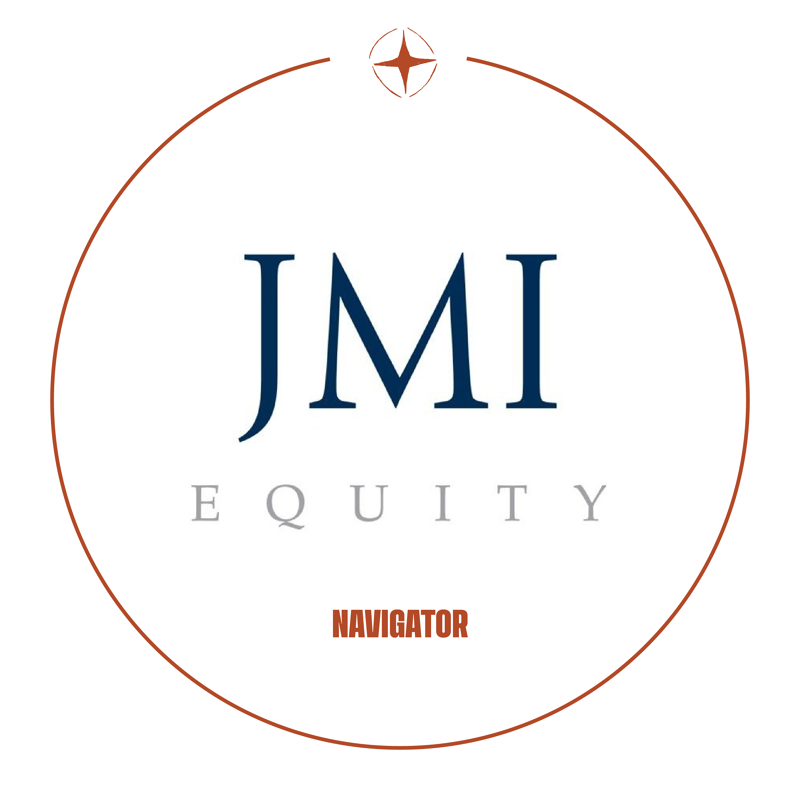 This is a logo for JMI Equity Navigator. The logo features the text "JMI EQUITY" in large, dark blue serif font, with "EQUITY" in a lighter gray. Below this, the word "NAVIGATOR" appears in bold, orange capital letters. The entire design is enclosed within a thin, reddish-brown circle, with a small compass rose graphic at the top center.