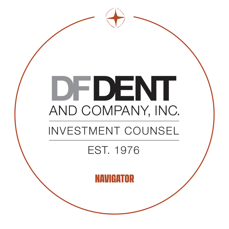 This is a logo for DF Dent and Company, Inc., Investment Counsel, established in 1976. The logo features the company name in bold, sans-serif font, with "AND COMPANY, INC." and "INVESTMENT COUNSEL" below it. It also includes "EST. 1976" and the word "NAVIGATOR" in a smaller font. The logo is enclosed in a circular border with a compass-like symbol at the top.