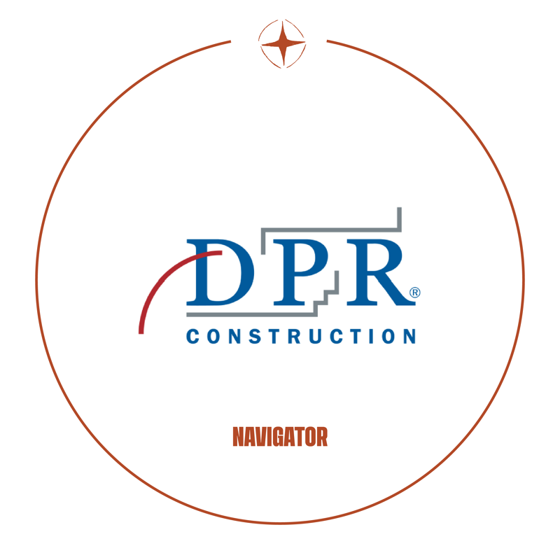 This is a logo for DPR Construction, a company that specializes in building and construction. The logo features the company name in bold blue and gray letters, with "CONSTRUCTION" written below in smaller gray text. A stylized red line curves above the "DPR" text, and a compass rose symbol is centered above the circle. Below the company name, the word "NAVIGATOR" is displayed in orange, suggesting a connection to guidance or direction within the construction industry.