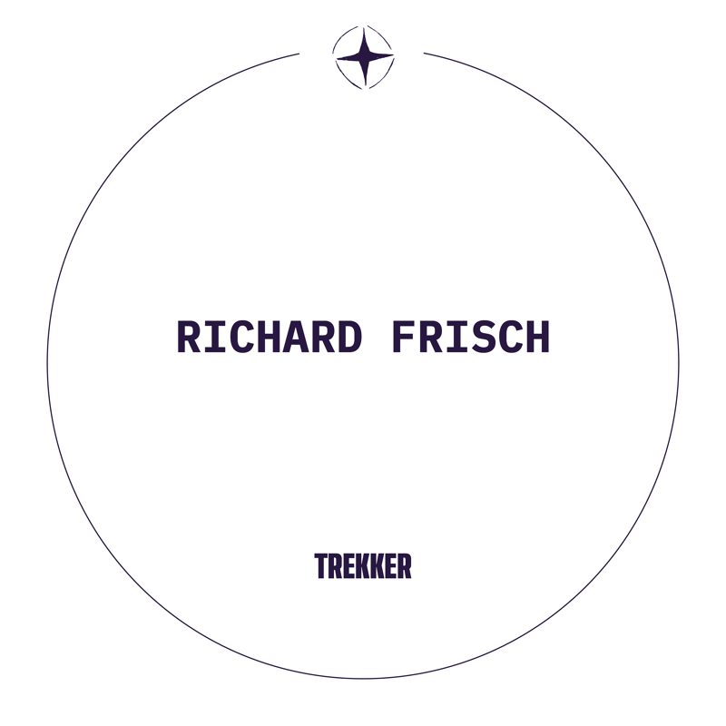 This is a circular logo with the name "RICHARD FRISCH" in large, dark blue capital letters in the upper half. Below the name, in smaller, dark blue capital letters, is the word "TREKKER". A stylized compass rose is centered at the top of the circle, and the circle itself is outlined in dark blue. The background is white.