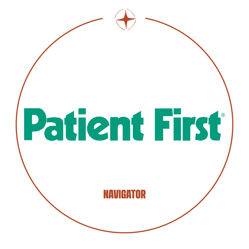 The image shows the logo for "Patient First NAVIGATOR". The logo features the words "Patient First" in large, teal, sans-serif capital letters, enclosed within a thin, burnt-orange circle. Below "Patient First," the word "NAVIGATOR" appears in smaller, burnt-orange, all-caps, sans-serif letters. A small, stylized compass rose is centered above the circle.
