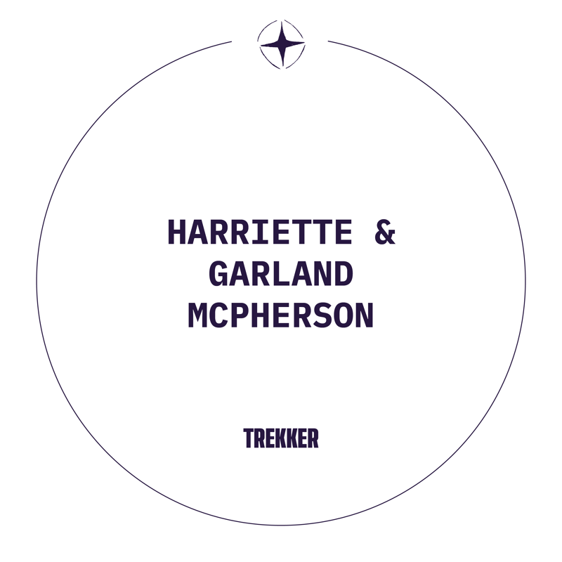 This is a circular logo with the names HARRIETTE & GARLAND MCPHERSON in large, dark purple, sans-serif capital letters in the center. Below their names, in smaller, bold, dark purple capital letters, is the word TREKKER. A thin, dark purple circle encloses the text, with a small, four-pointed compass rose graphic at the very top, centered. The background is plain white.