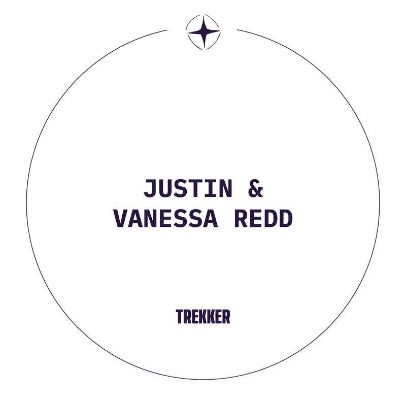 This image features a circular design with the text "JUSTIN & VANESSA REDD" prominently displayed in the center. Below their names, the word "TREKKER" is written. A small compass-like symbol is positioned at the top of the circle, suggesting themes of travel or adventure. The overall aesthetic is clean and modern, with a dark purple color scheme against a white background.