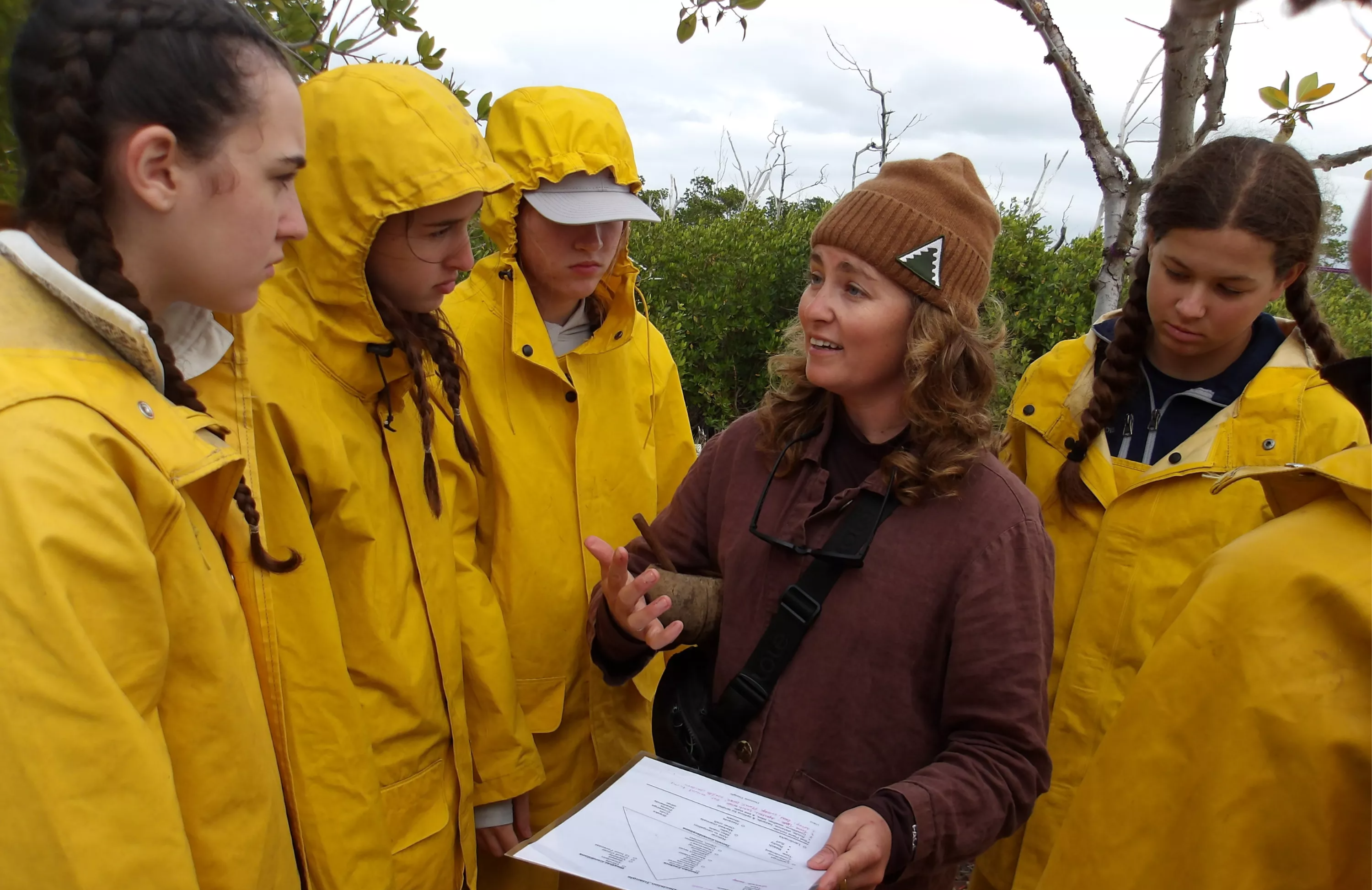 In the image, a woman in a brown hat and shirt is speaking to a group of young people wearing yellow raincoats. They appear to be outdoors, possibly on a field trip or educational excursion. The woman is holding a paper and gesturing with her hands, likely explaining something to the group. The setting seems natural, with trees and foliage in the background.