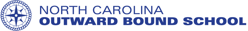 The image displays the logo of the North Carolina Outward Bound School. The logo features a circular design with a compass rose in the center, surrounded by text that reads "NORTH CAROLINA OUTWARD BOUND SCHOOL". The text and the circular design are in blue against a black background.