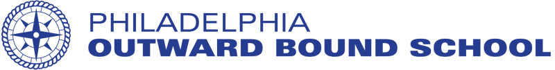 The image displays the logo of the Philadelphia Outward Bound School. The logo features a circular design with a compass-like element at the center, all in blue. The school's name is written in blue, with "PHILADELPHIA" above "OUTWARD BOUND SCHOOL". The background is black.