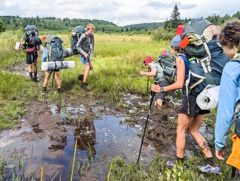 A group of hikers are trekking through a muddy, grassy field. They are equipped with backpacks and hiking poles, navigating a waterlogged path. The sky is overcast, and the landscape features a mix of open fields and distant trees. The hikers appear to be focused on traversing the challenging terrain.