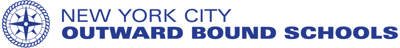 The image displays the logo for New York City Outward Bound Schools. The logo features a circular emblem on the left side and the organization's name in blue text on a black background. The text reads "NEW YORK CITY OUTWARD BOUND SCHOOLS".