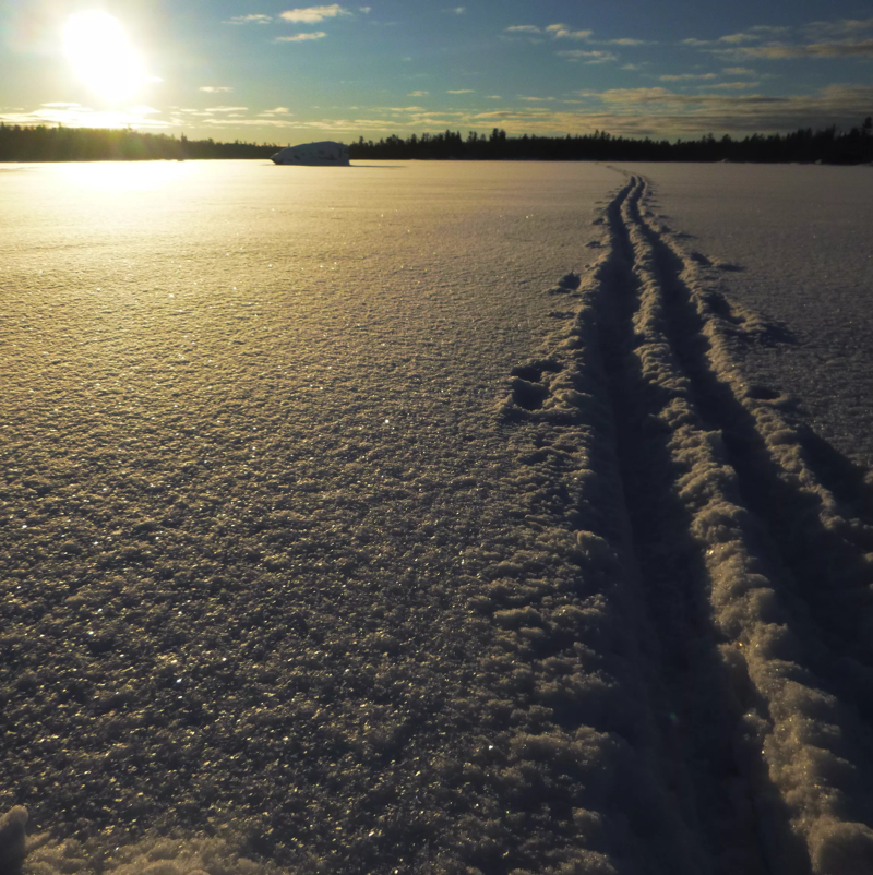 The image shows a snowy landscape with ski tracks leading into the distance. The sun is low on the horizon, casting a golden glow over the snow. In the background, there's a line of trees and what appears to be a small structure or building. The scene evokes a sense of winter solitude and the beauty of a snow-covered environment.